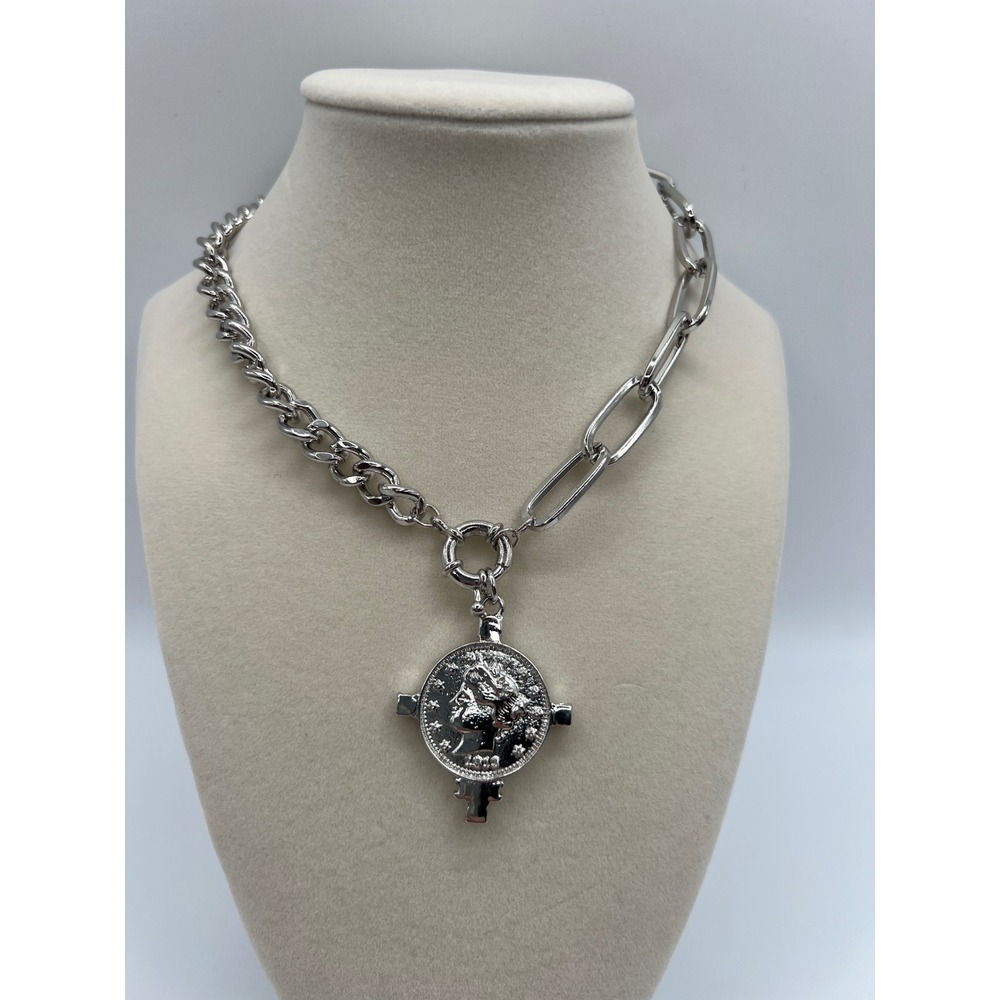 QD BOSS Silver Tone Mixed Chain Coin Pendant Necklace Paperclip Curb Link 0140